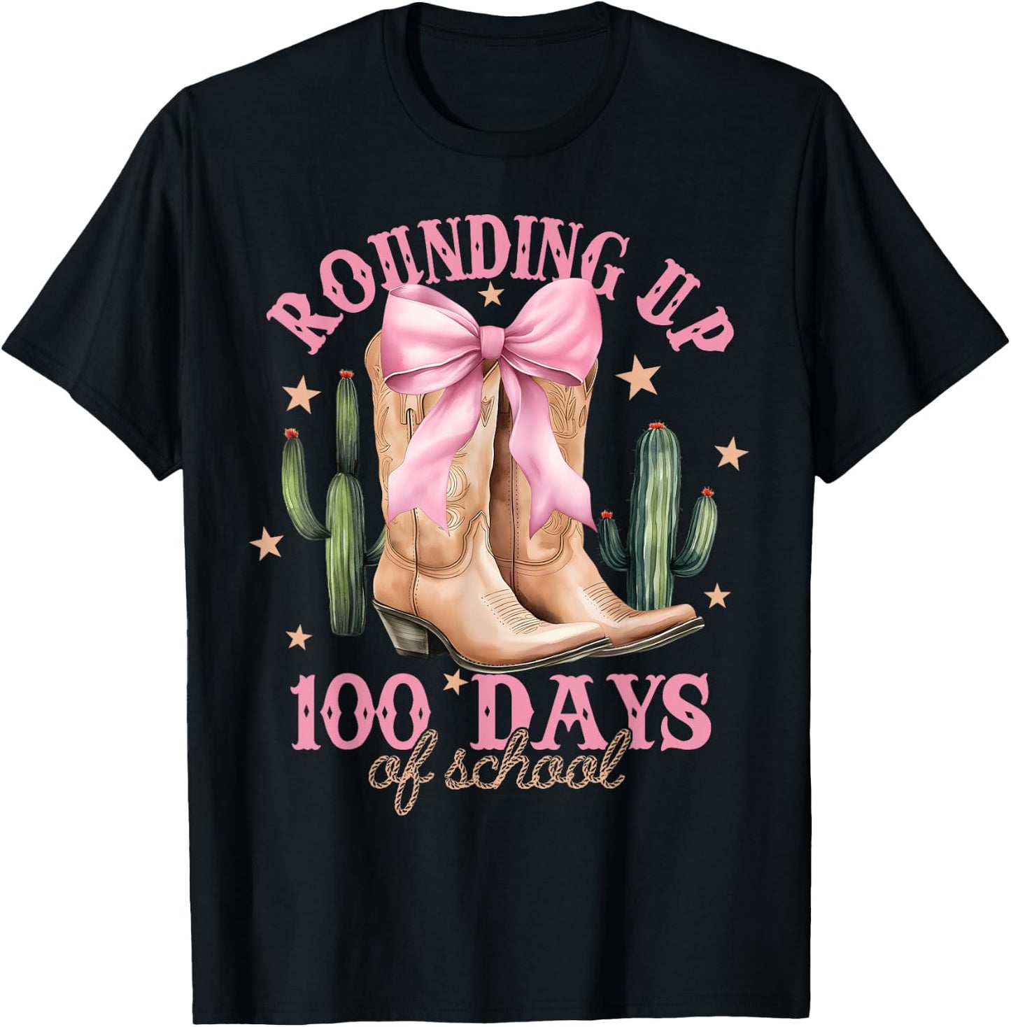 Rounding Up 100 Days Of School Pink Coquette Bow Teacher T-Shirt - T-Shirt | Black