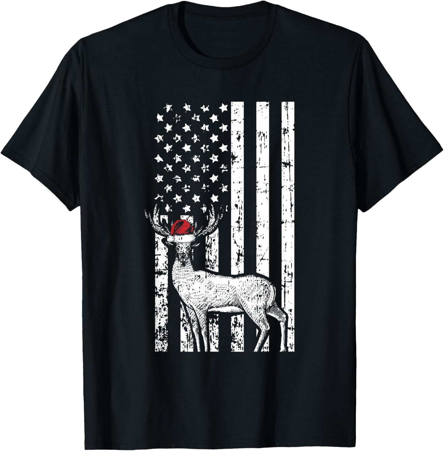 Deer Hunting Elk Santa Hat American Flag Christmas Gifts Kids Men T-Shirt - T-Shirt | Black