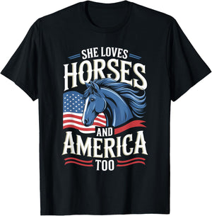 She Loves Horses And America Too Horse Shirt 4th of July T-Shirt - T-Shirt | Black