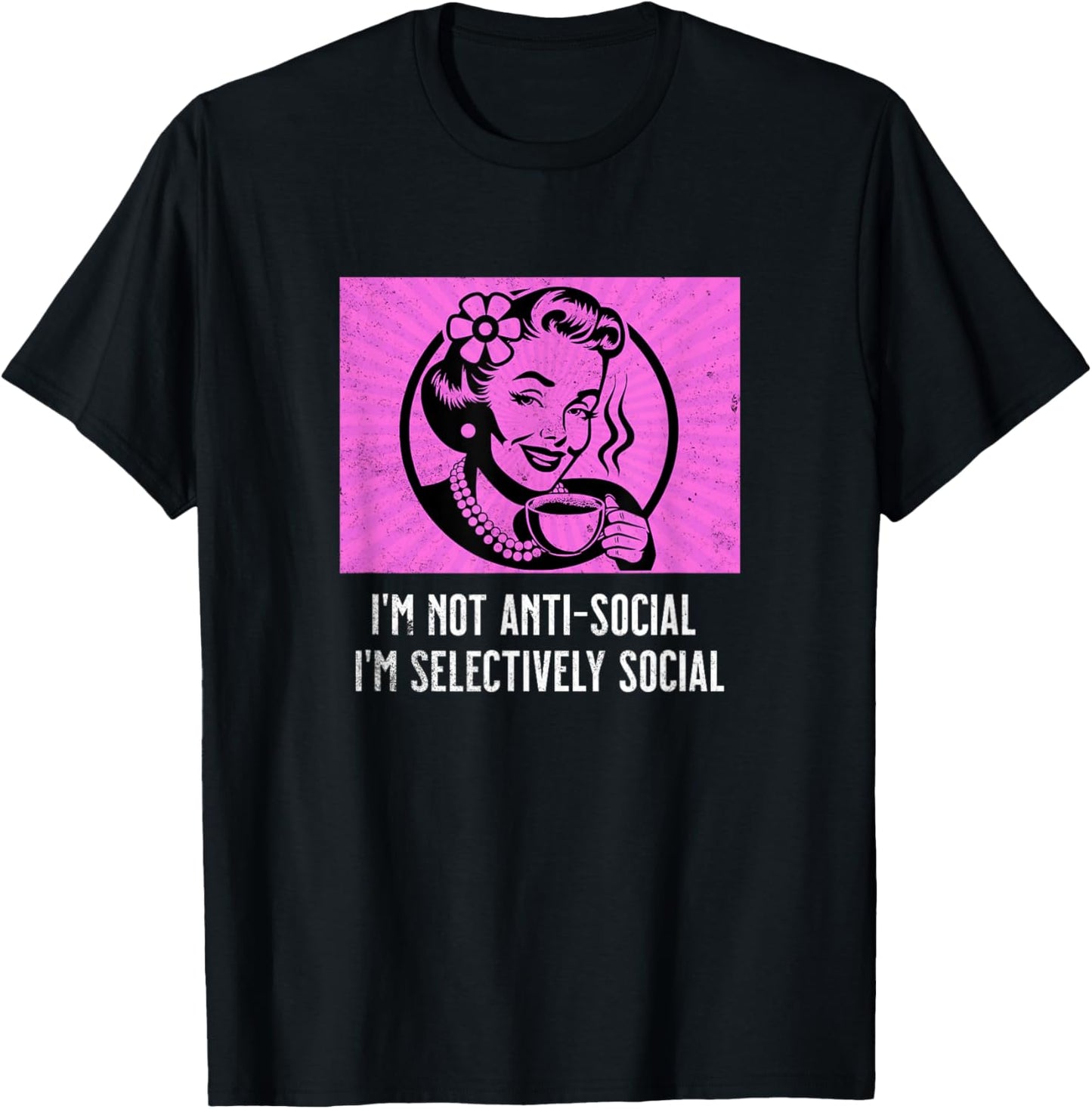 Retro Woman Coffee Funny Sarcastic Selectively Social Meme T-Shirt - T-Shirt | Black