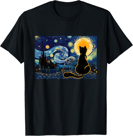 Cat Lookig At Starry Night - Cat Lover Kitten Owner Kitty Men Women Girls Kids T-Shirt - T-Shirt | Black