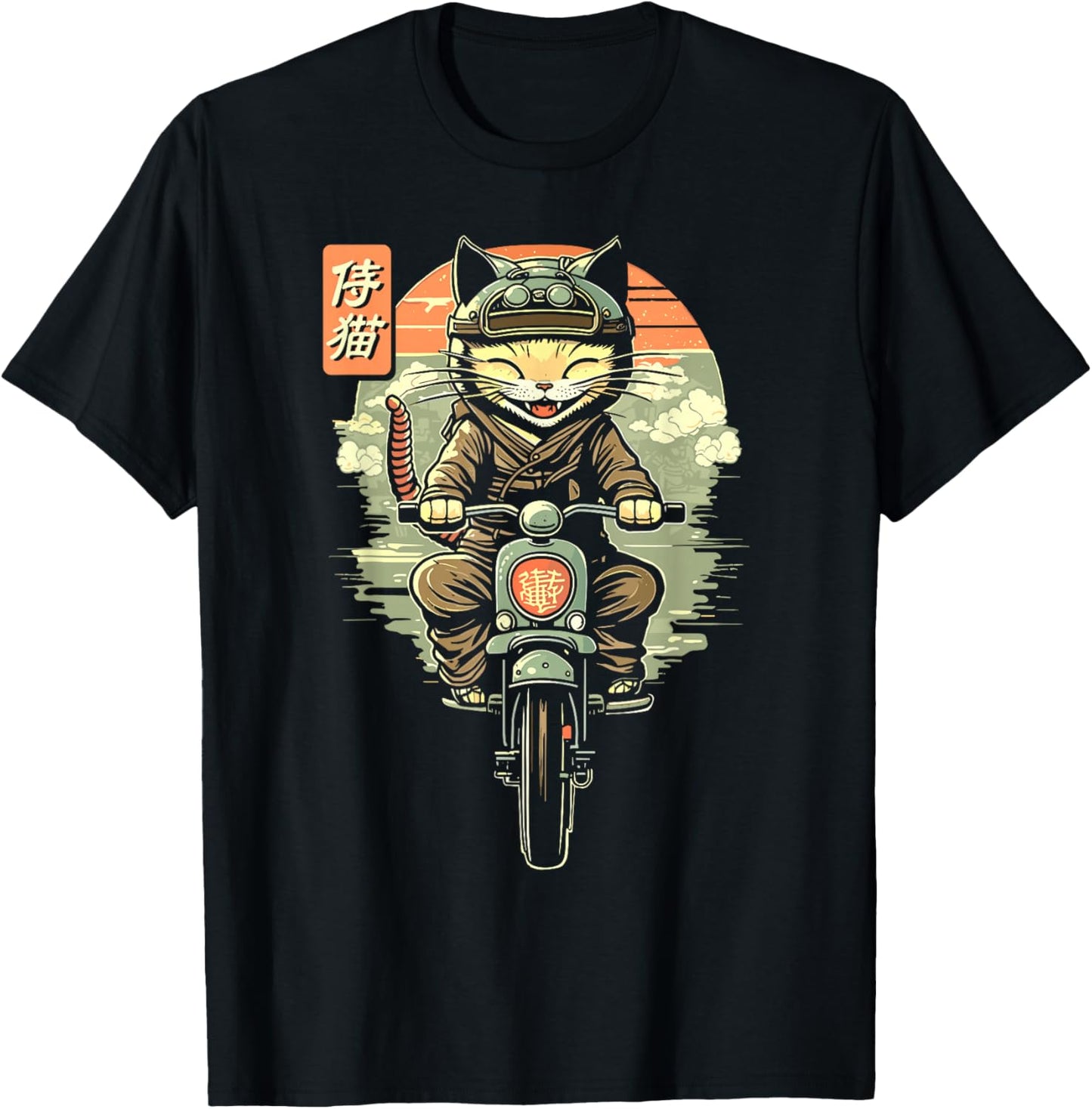 Japanese Samurai Cat on Motorcycle Kawaii Ninja Cat T-Shirt - T-Shirt | Black
