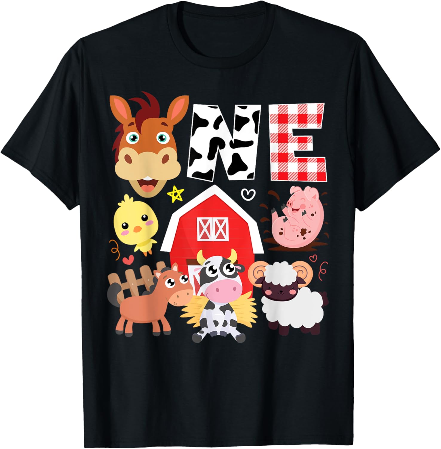 1st Birthday One Year Old Farm Theme Animals Birthday Party T-Shirt - T-Shirt | Black