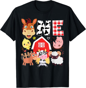 1st Birthday One Year Old Farm Theme Animals Birthday Party T-Shirt - T-Shirt | Black