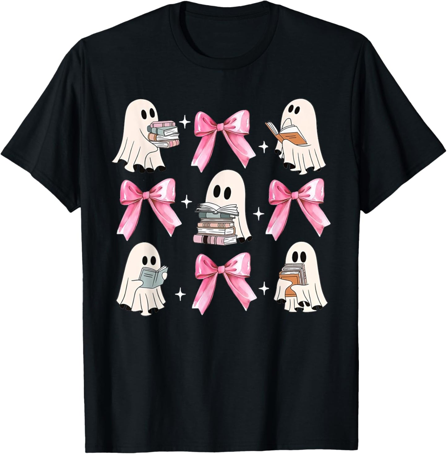 Little Pink Bow Ghost Reading Books Halloween Coquette Book T-Shirt - T-Shirt | Black
