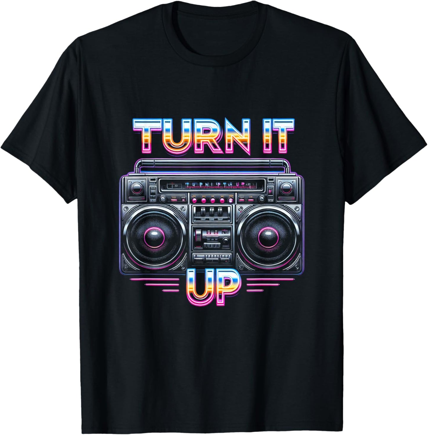 Retro Boombox Turn It Up Style Graphic T-Shirt - T-Shirt | Black
