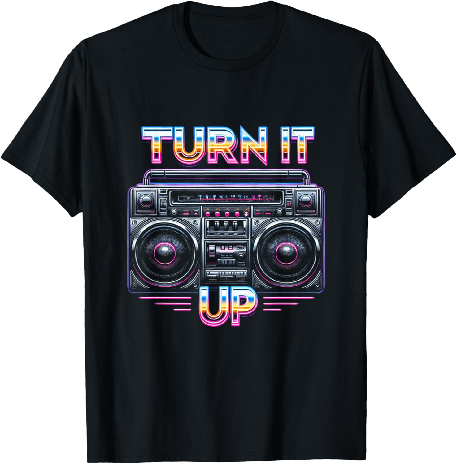 Retro Boombox Turn It Up Style Graphic T-Shirt - T-Shirt | Black