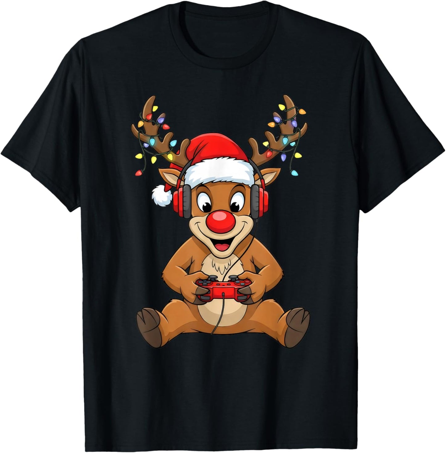 Christmas Gamer Reindeer Santa Hat Xmas Gaming Men Boys T-Shirt - T-Shirt | Black