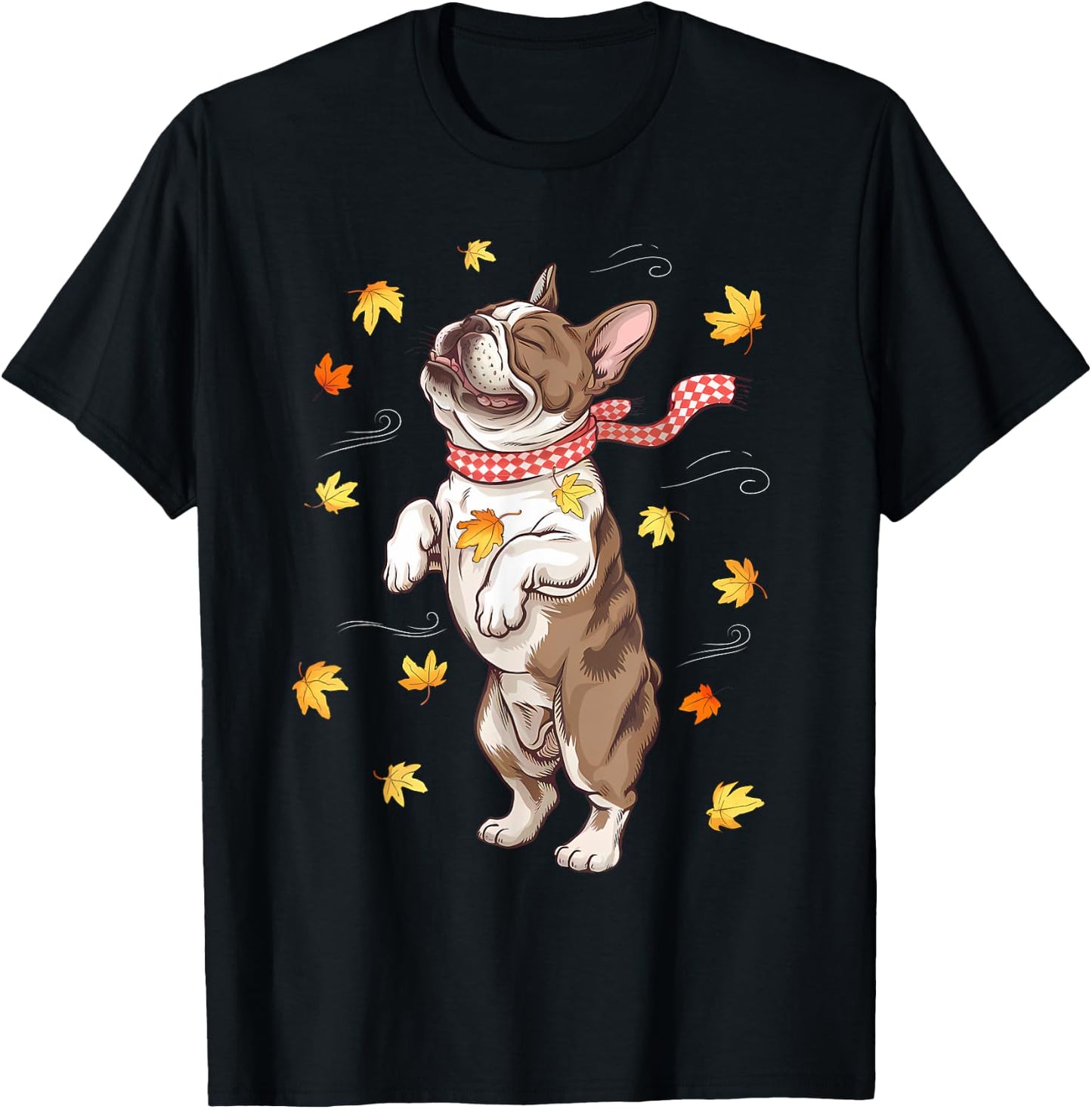 Cute Dog Autumn Fall Breeze Leaves French Bulldog T-Shirt - T-Shirt | Black