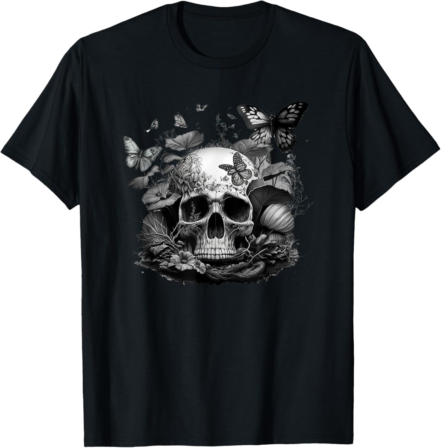 Skull with Vibrant Butterfly flower and mushroom T-Shirt - T-Shirt | Black