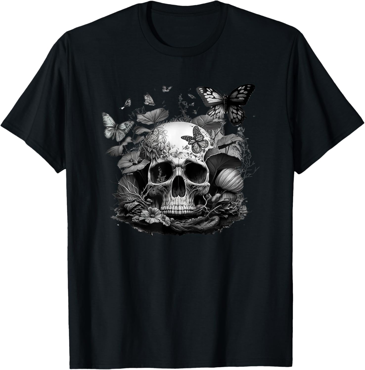 Skull with Vibrant Butterfly flower and mushroom T-Shirt - T-Shirt | Black