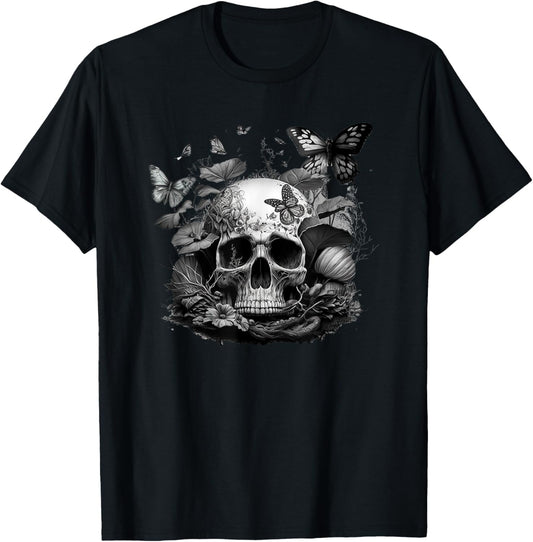 Skull with Vibrant Butterfly flower and mushroom T-Shirt - T-Shirt | Black