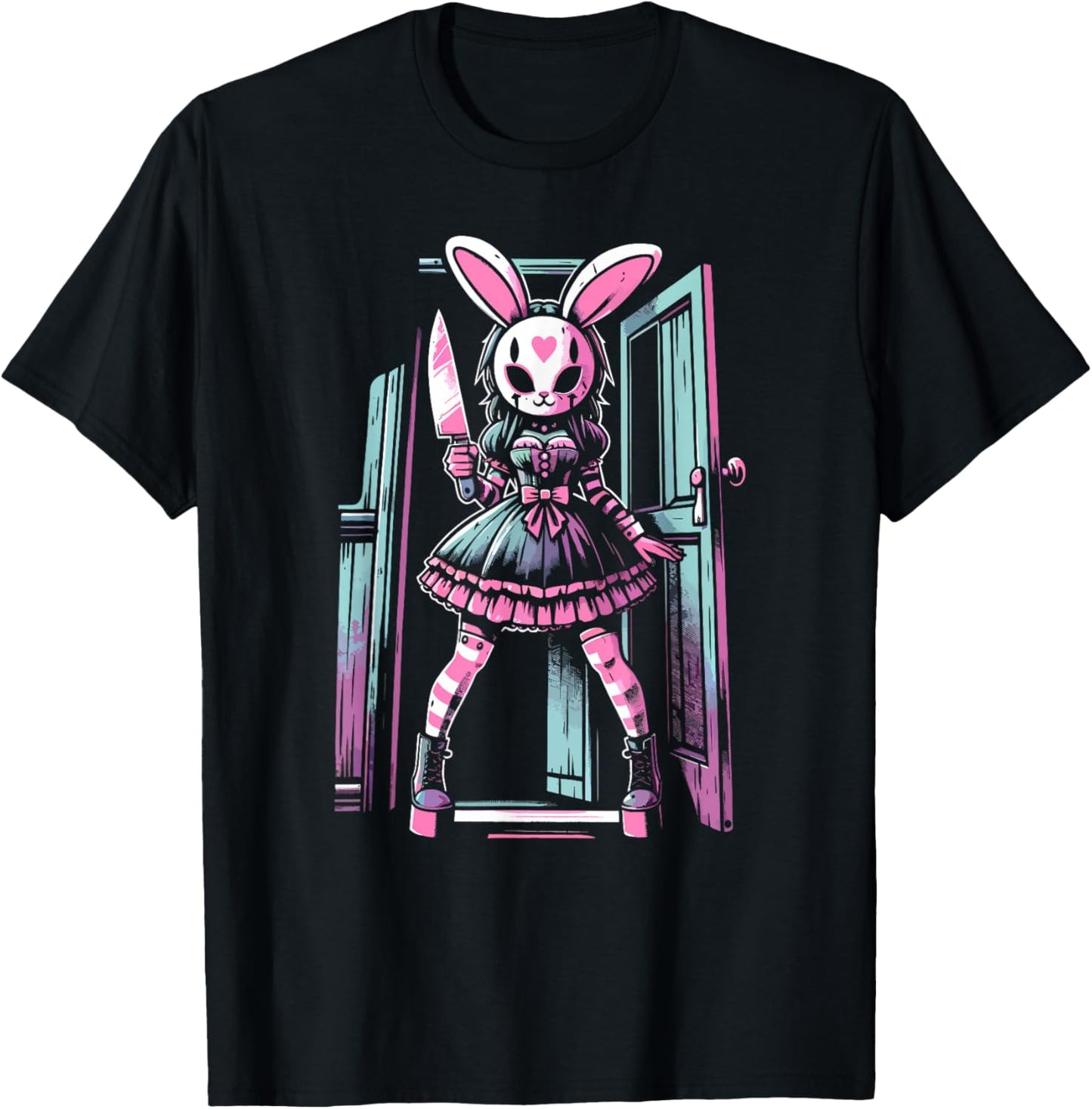 Pastel Goth Bunny Mask Girl Horror Slasher Anime Alt Rabbit T-Shirt - T-Shirt | Black