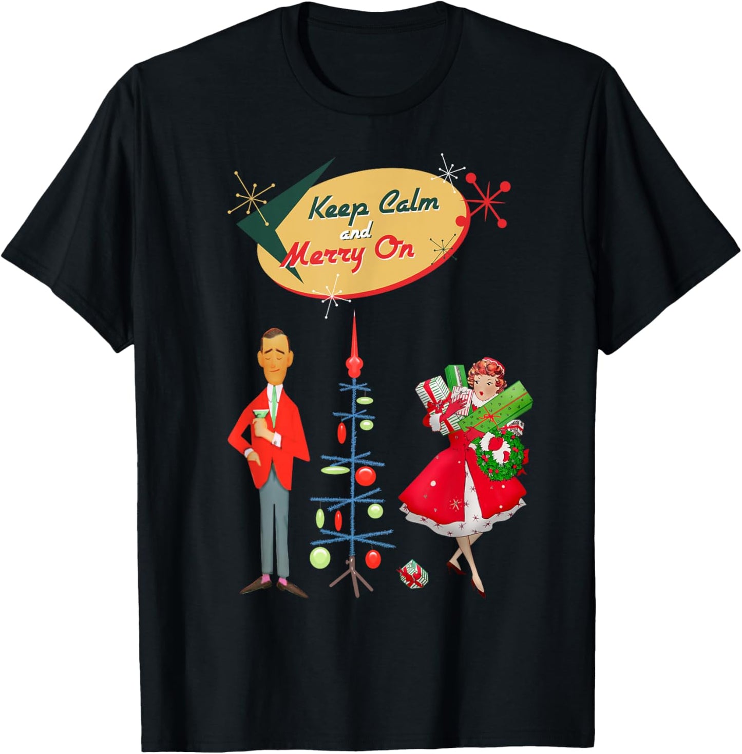 Retro Mid Century Christmas Keep Calm and Merry On Funny T-Shirt - T-Shirt | Black