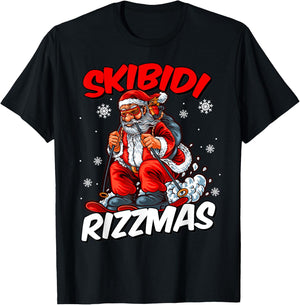 Retro Skibidi Rizzmas Funny Santa Clause Skiing_Xmas T-Shirt - T-Shirt | Black