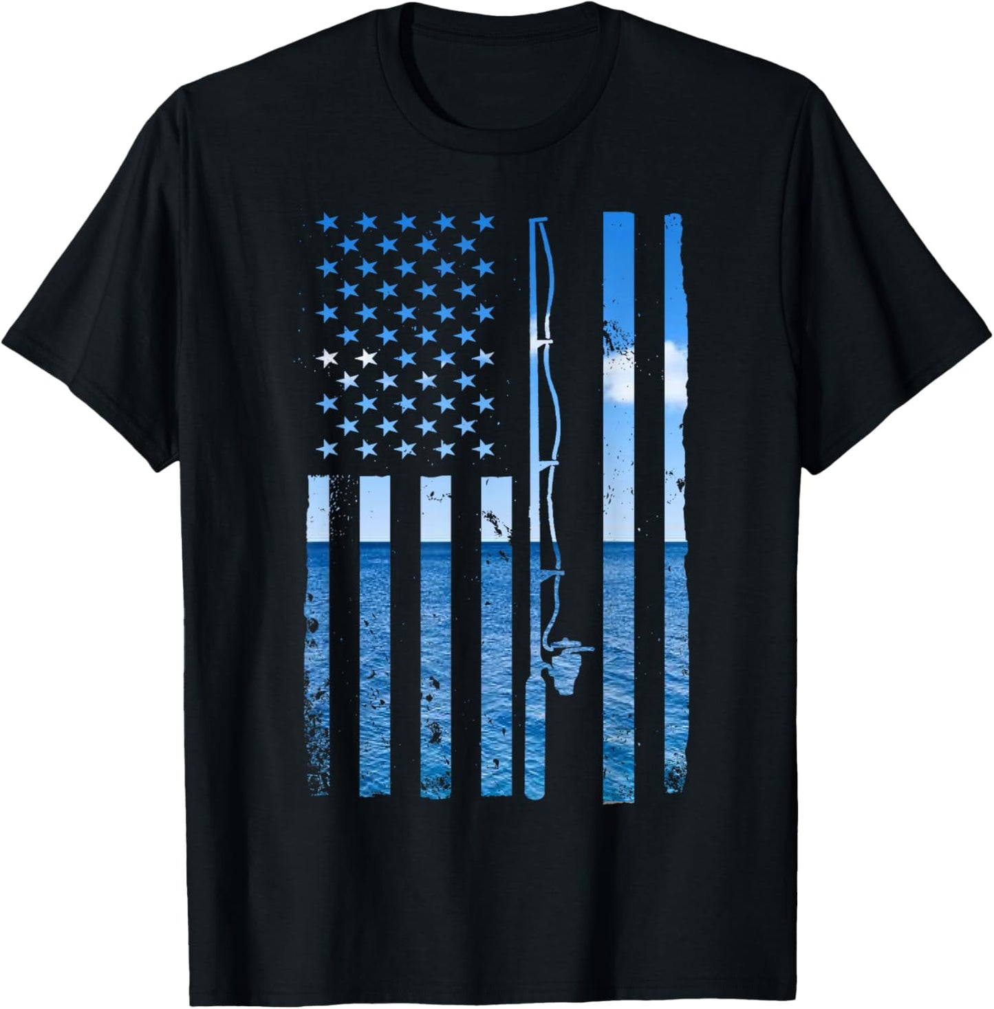 American Flag Fish Fisher Fisherman Funny Bass Fishing USA T-Shirt - T-Shirt | Black