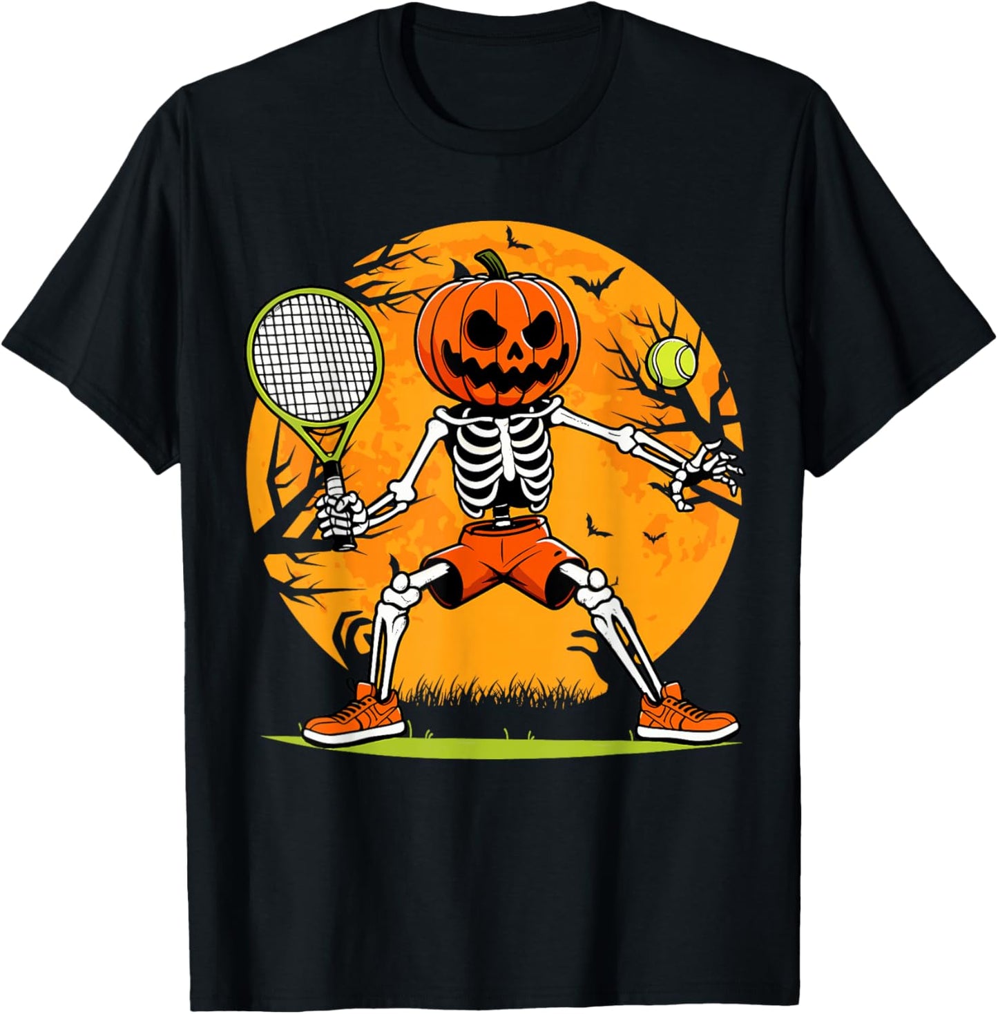 Halloween Tennis Pumpkin Head Skeleton Tennis Halloween T-Shirt - T-Shirt | Black