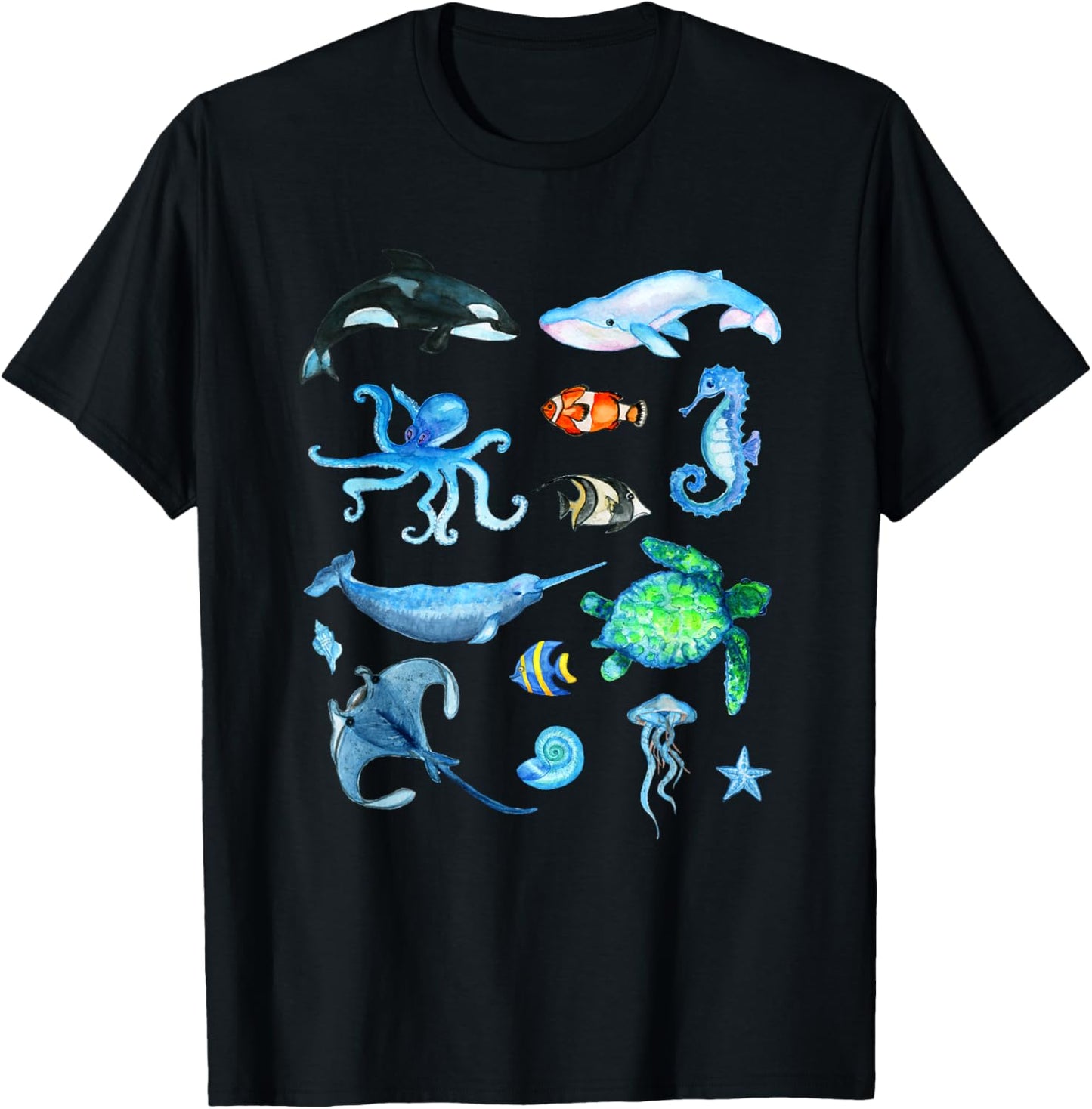 Watercolor Sea Animals Kids Ocean Wildlife Marine Creatures T-Shirt - T-Shirt | Black