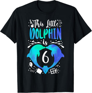 Dolphin 6th Birthday This Little Dolphin Is 6 T-Shirt - T-Shirt | Black