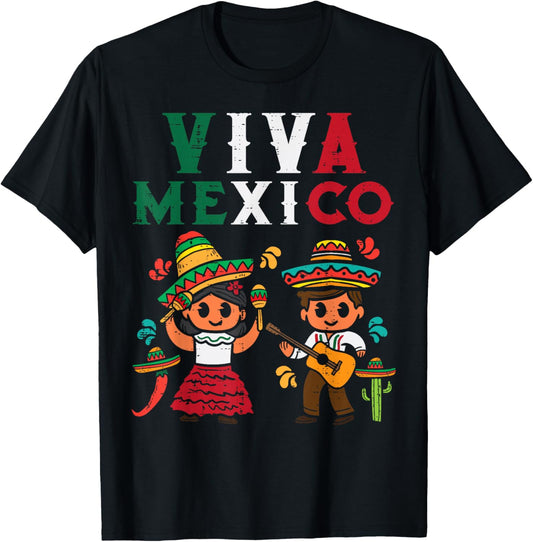 Viva Mexico Boy Girl Maracas Guitar Mexican Independence Kid T-Shirt - T-Shirt | Black