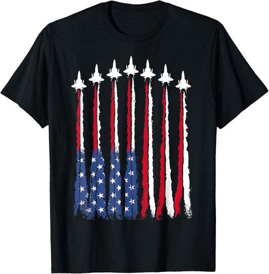 Patriotic Red White Blue USA Flag Fighter Jets 4th of July T-Shirt - T-Shirt | Black
