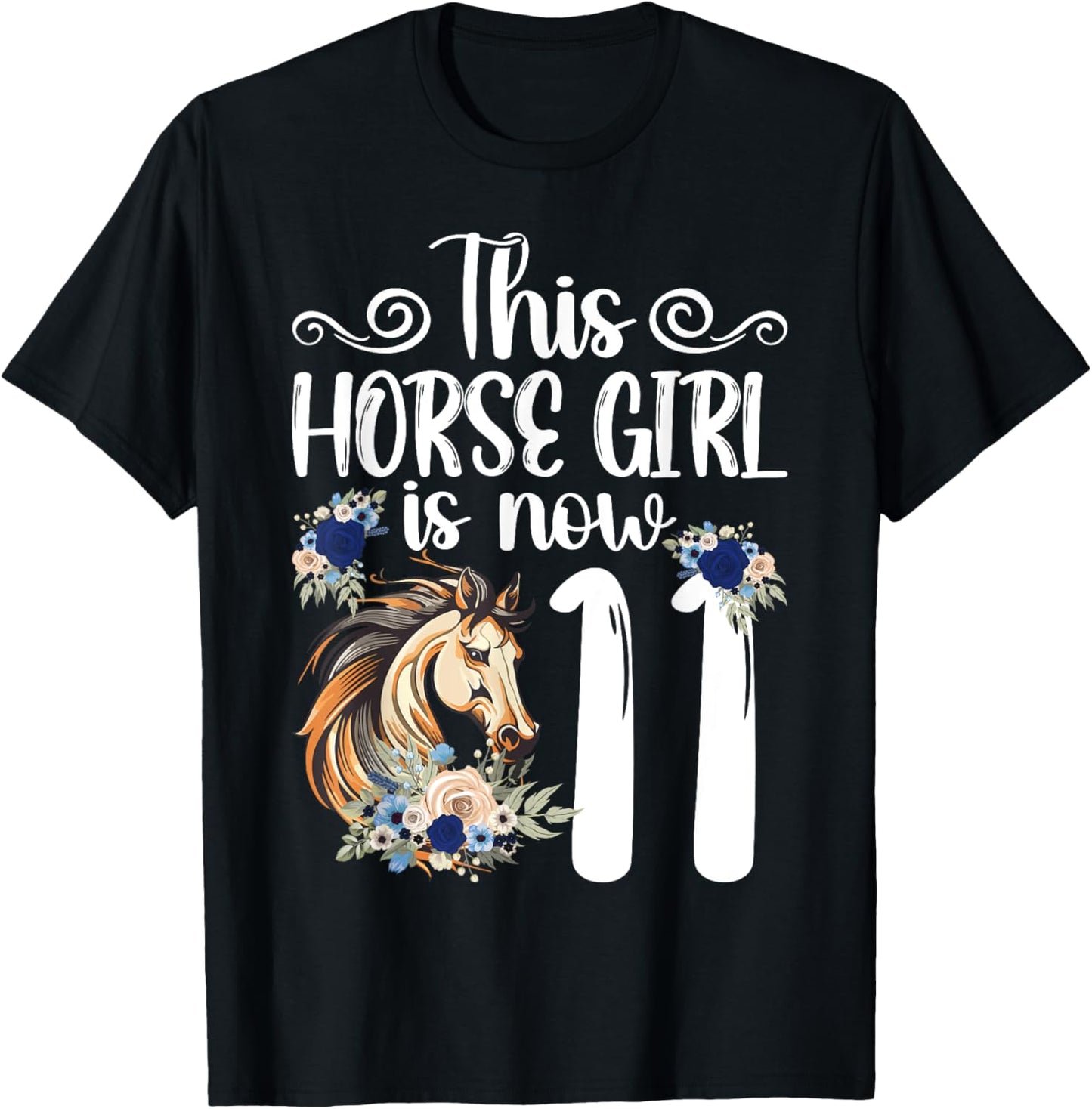 11th Horse Birthday Party 11 Year Old Girl Horses Birthday T-Shirt - T-Shirt | Black