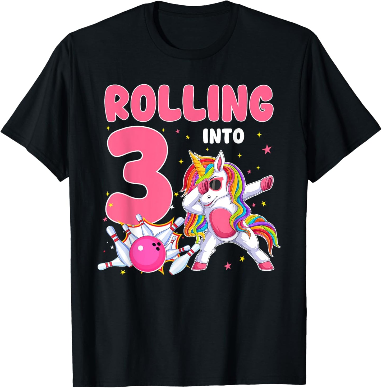 Rolling Into 3 3rd Birthday Unicorn Bowling 3 Year Old T-Shirt - T-Shirt | Black