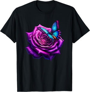 Butterfly On A Purple Colored Rose Flower Butterfly Lover T-Shirt - T-Shirt | Black
