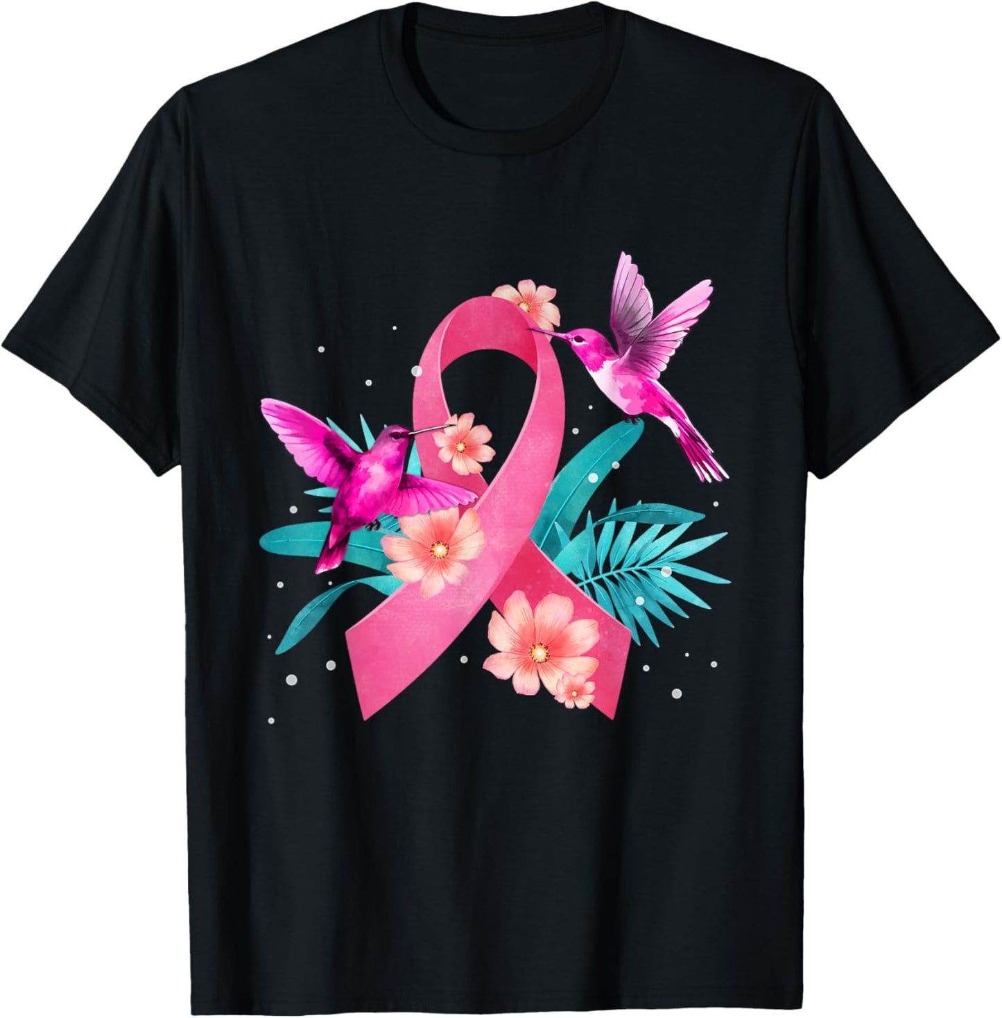 Hummingbird Breast Cancer Awareness Pink Ribbon Flowers T-Shirt - T-Shirt | Black