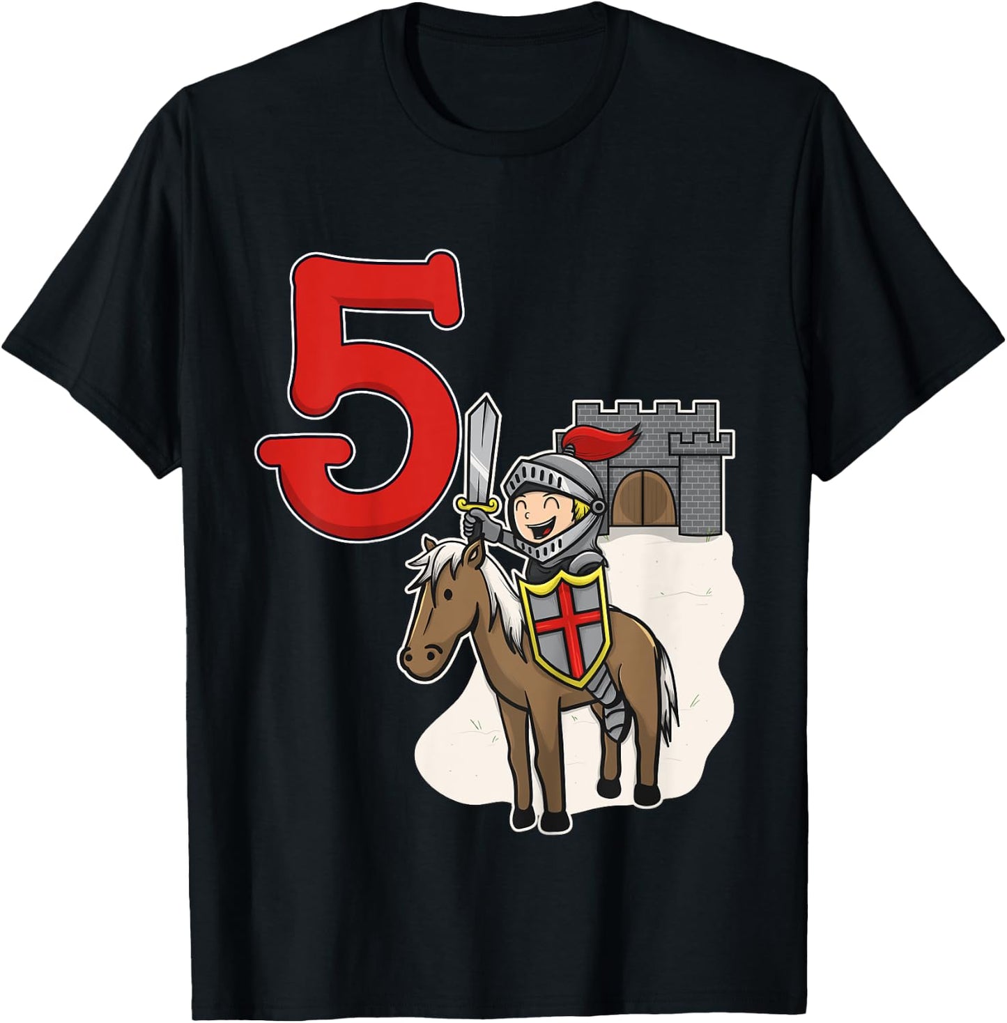Knight 5th Birthday - Castle and Number 5 T-Shirt - T-Shirt | Black
