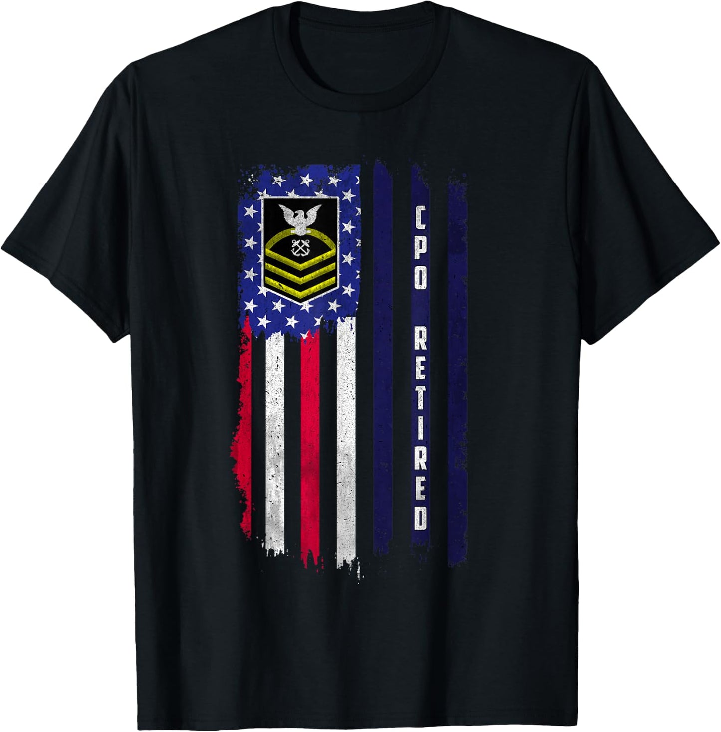 Retired E-7 Chief Petty Officer CPO Rank American Flag Papa T-Shirt - T-Shirt | Black