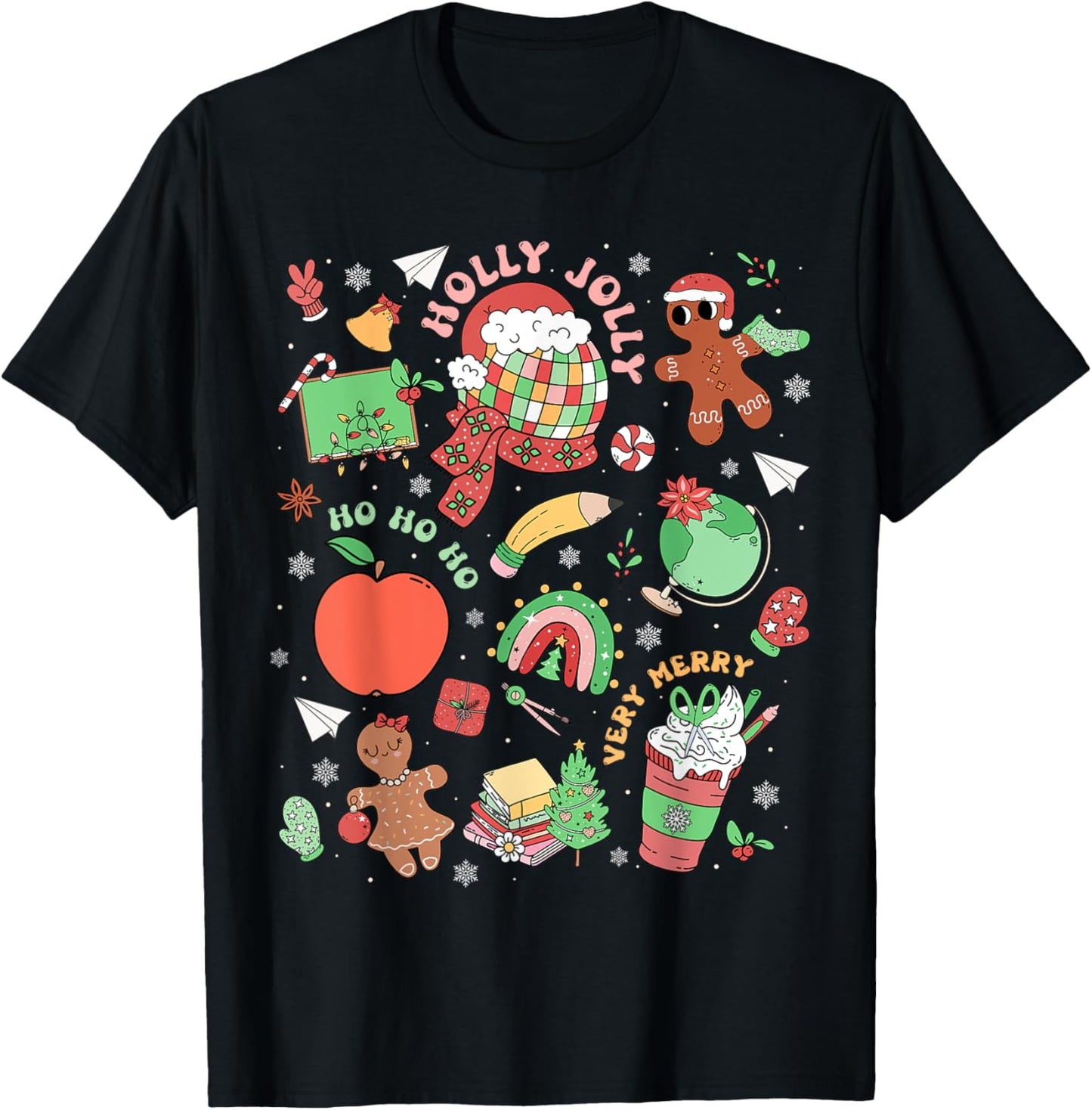 Retro Very Merry Teacher Gingerbread Rainbow Xmas Holiday T-Shirt - T-Shirt | Black