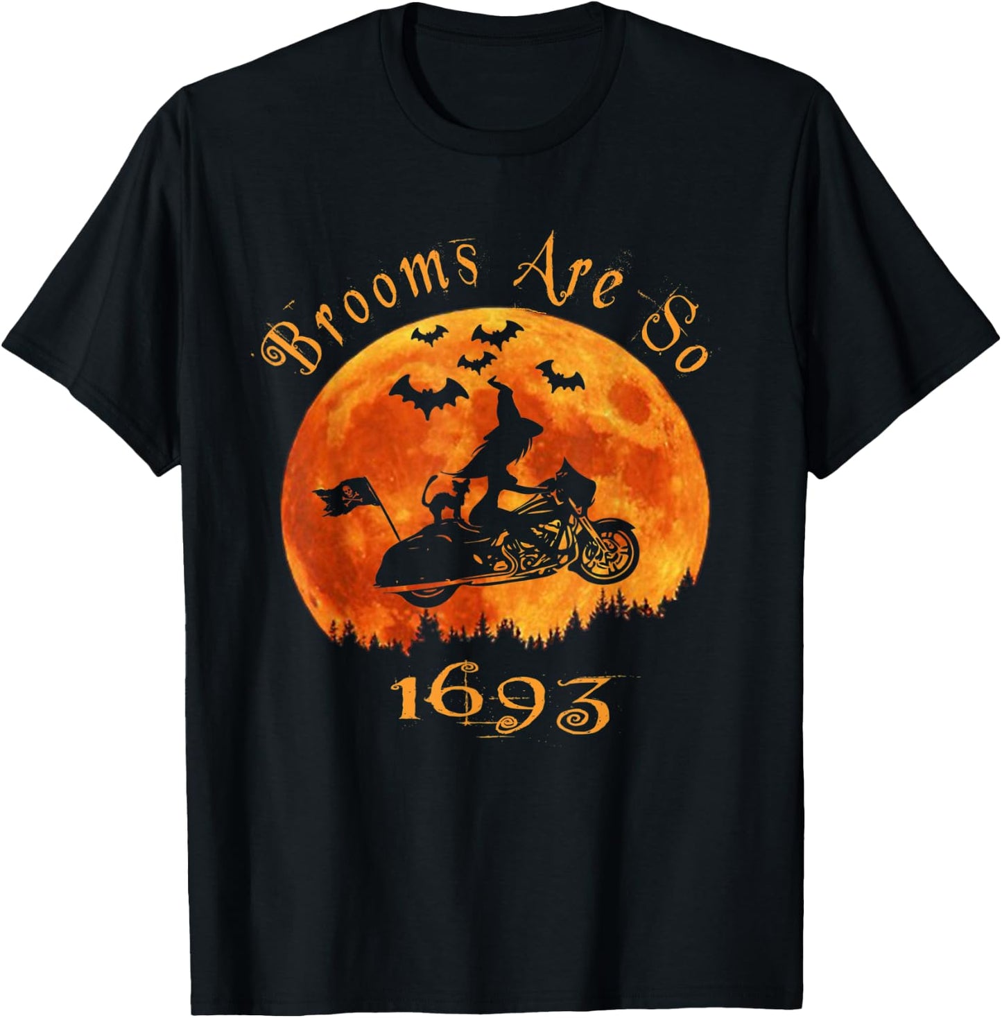 Halloween Witch On Motorcycle Cat & Moon Salem Witch Trials T-Shirt - T-Shirt | Black