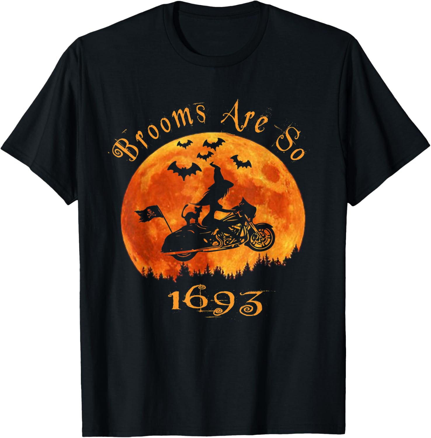 Halloween Witch On Motorcycle Cat & Moon Salem Witch Trials T-Shirt - T-Shirt | Black