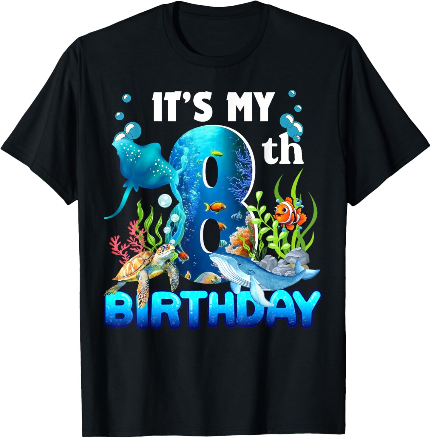 It's My 8th Birthday Party Ocean 8 Years Old Sea Fish B-Day T-Shirt - T-Shirt | Black