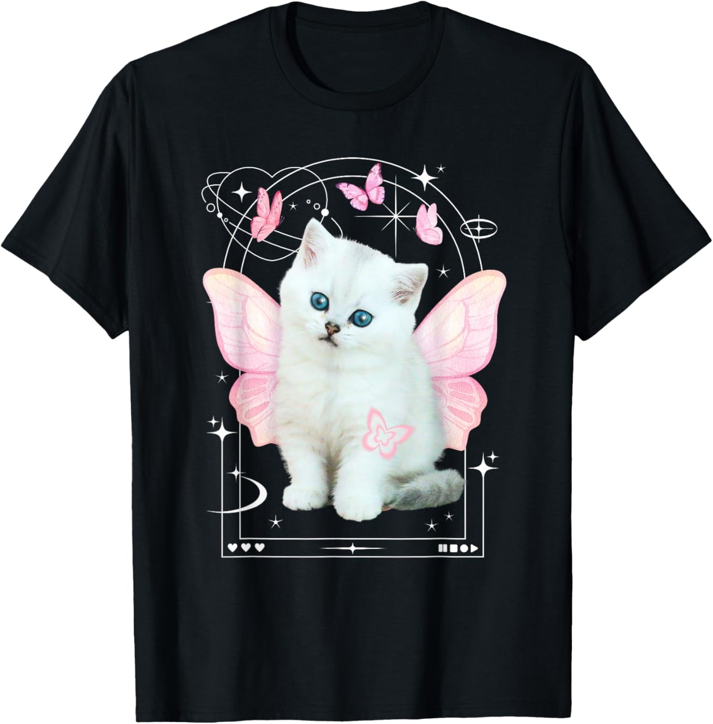 Cute y2k Aesthetic Cat Butterfly Fairy Cyber 2000s Graphic T-Shirt - T-Shirt | Black