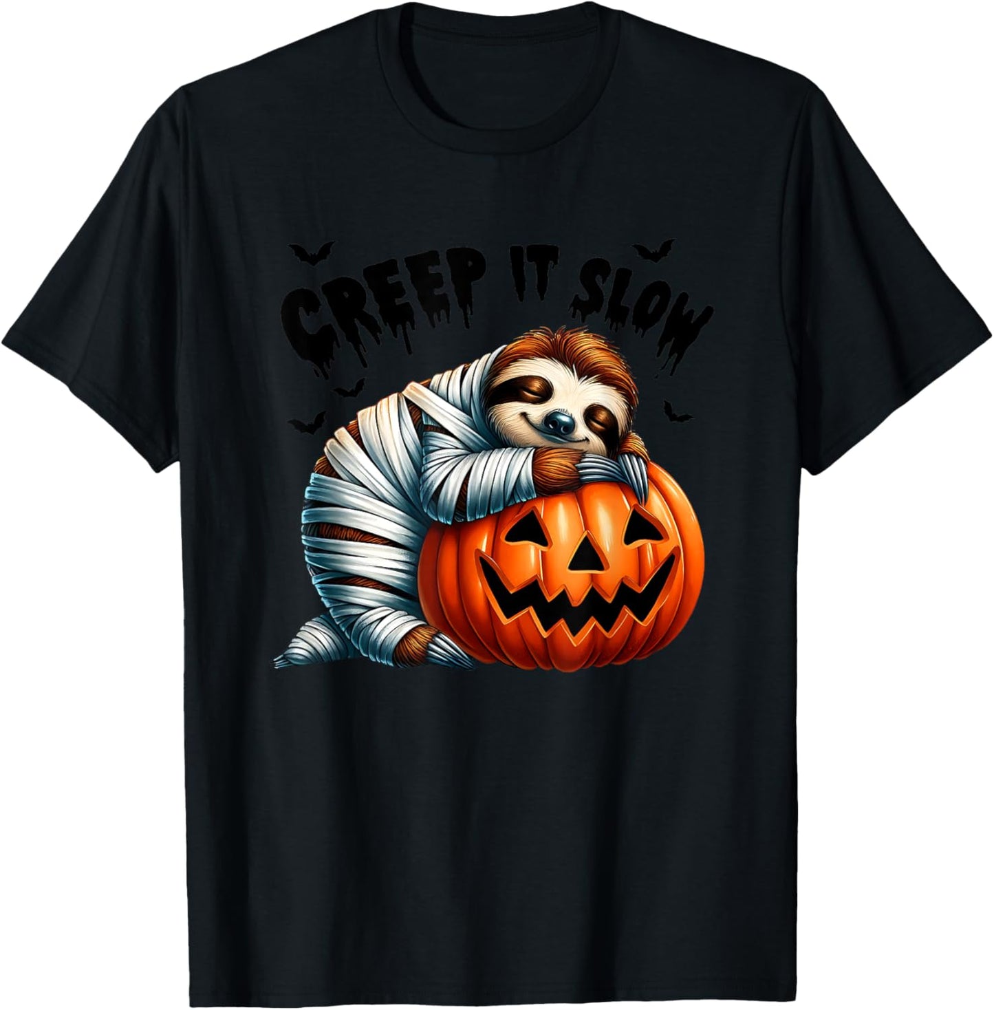 Creep It Slow Cute Sloth Mummy Jack O Lantern Halloween T-Shirt - T-Shirt | Black
