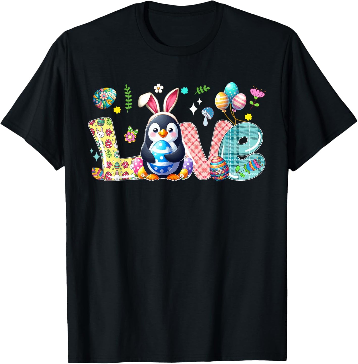 Love Easter Bunny Penguin Hunting Eggs Flowers Colourful T-Shirt - T-Shirt | Black