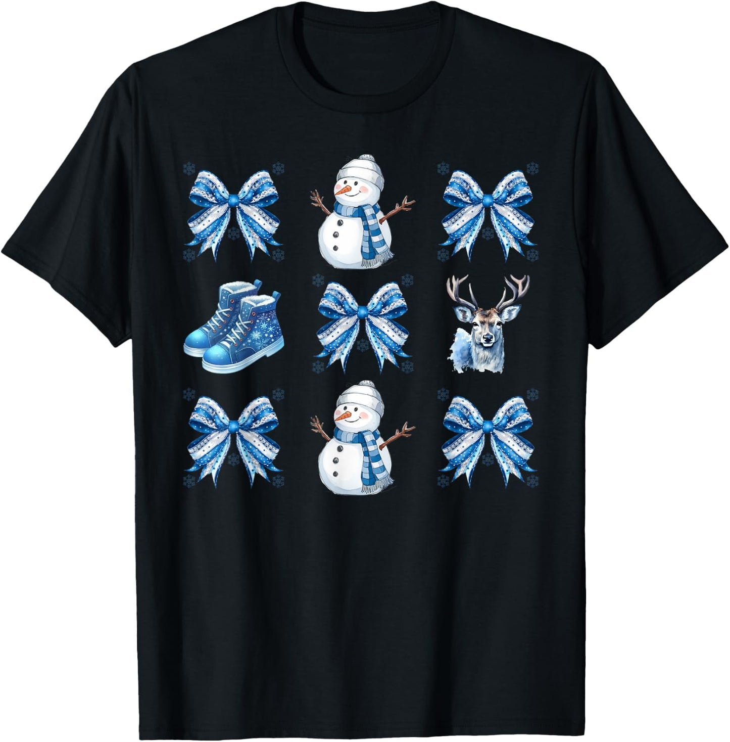 Cute Snowman Coquette Bow Winter Wonderland Icy Blue Xmas T-Shirt - T-Shirt | Black