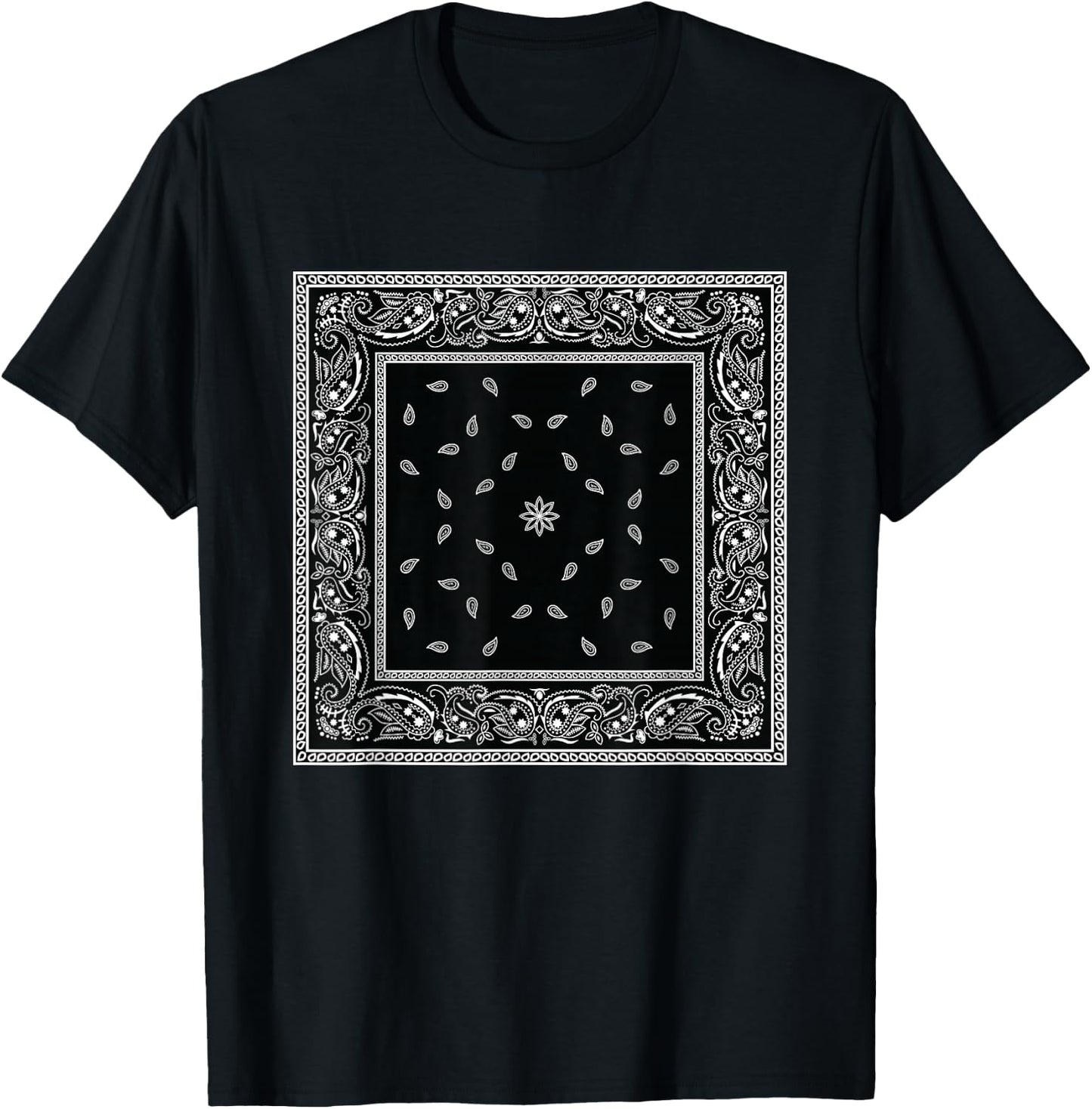 Men's Black White Bandana Print Black Paisley Pattern T-Shirt - T-Shirt | Black