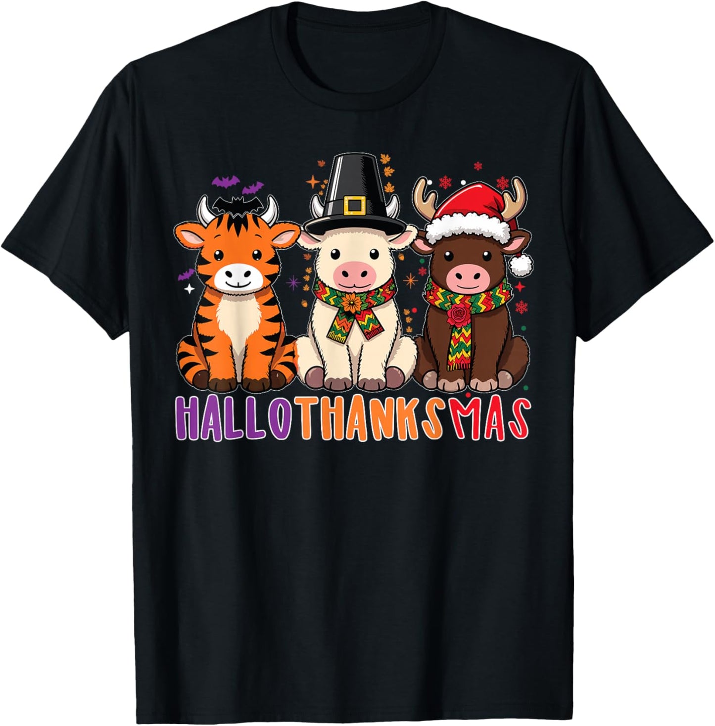 Highland Cow Hallothanksmas Christmas Holiday T-Shirt - T-Shirt | Black