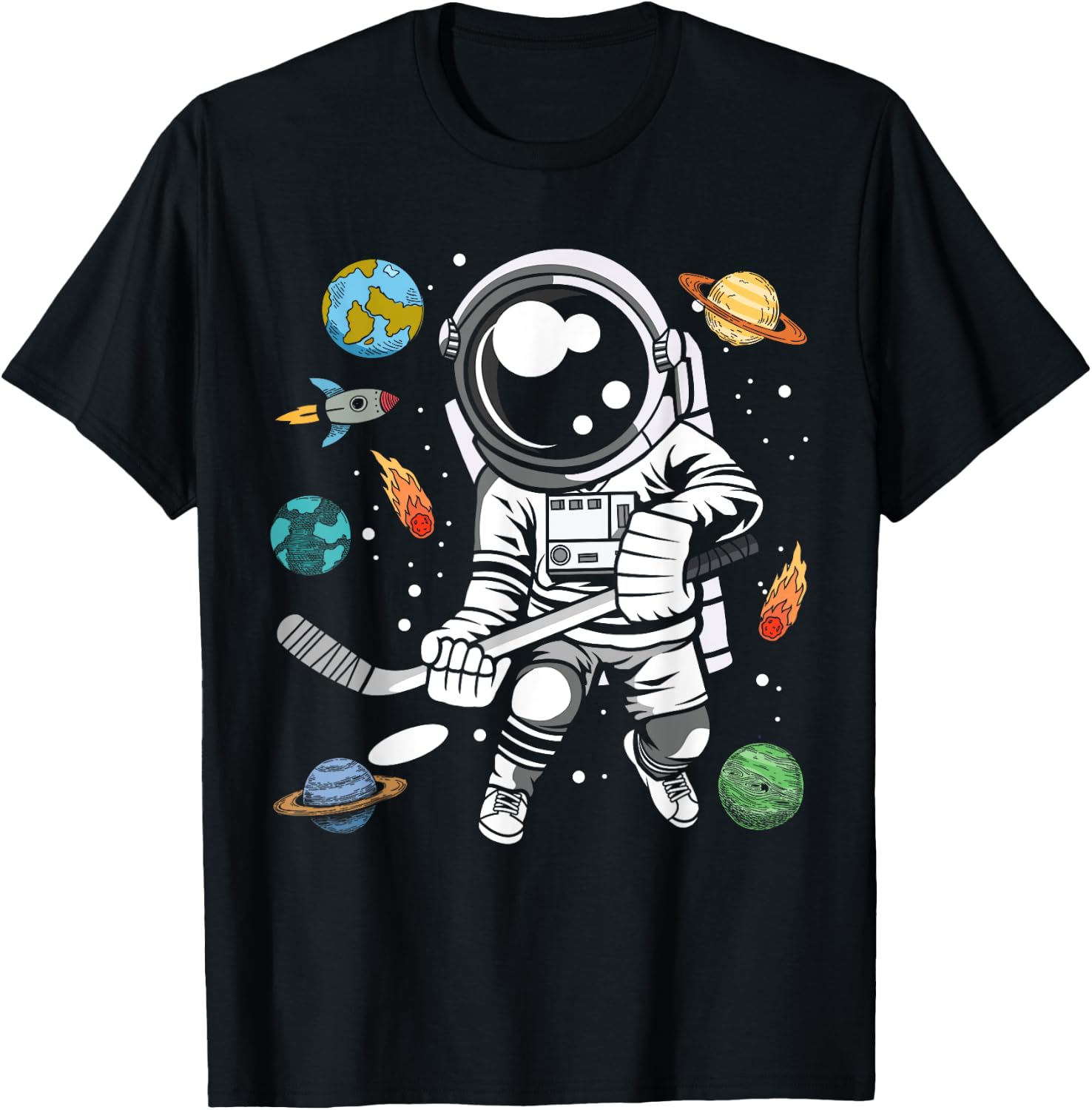 Funny Hockey Player Cosmonaut Outer Space Astronaut T-Shirt - T-Shirt | Black