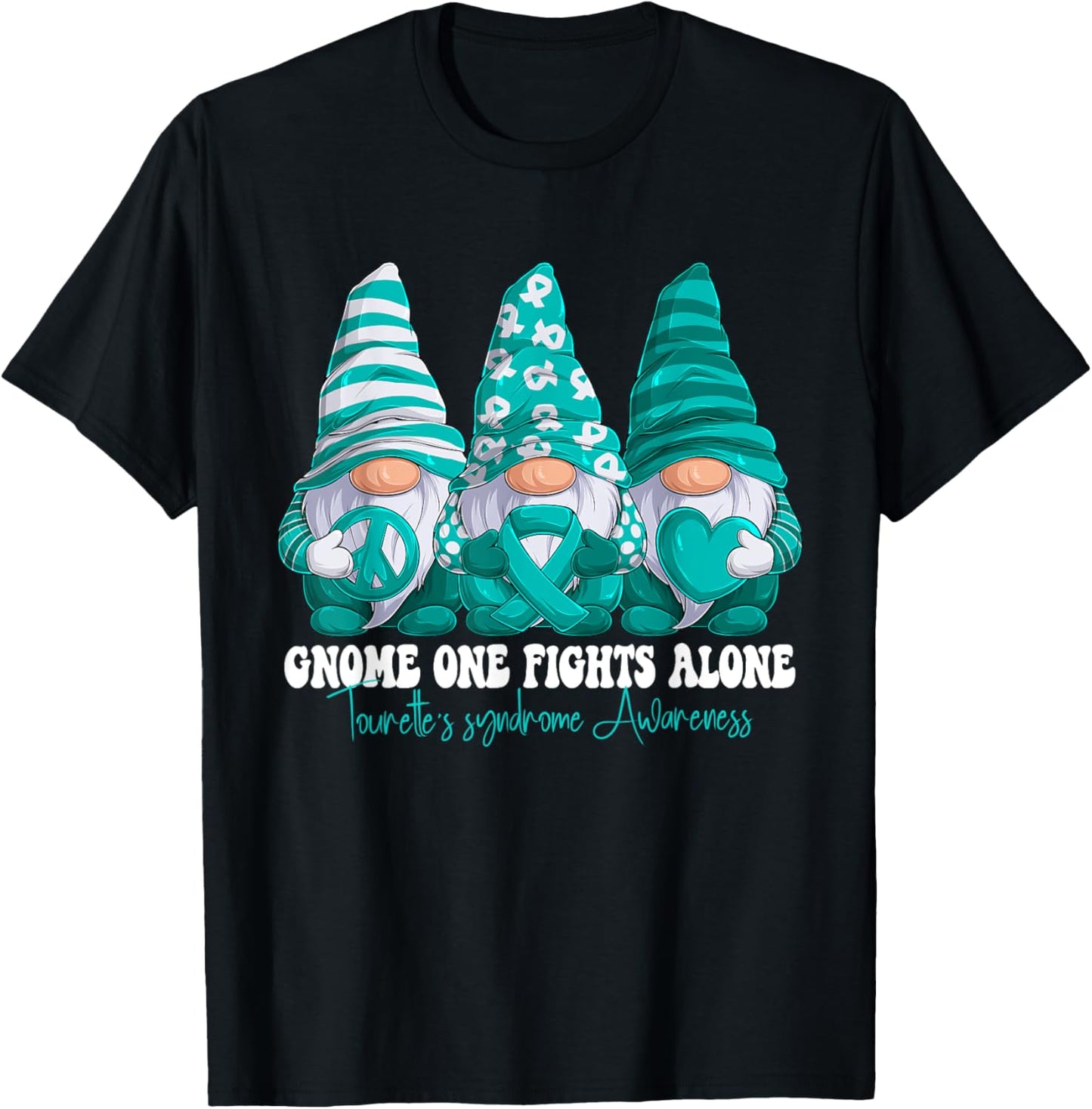 Tourette's Syndrome Awareness Month Teal Ribbon Gnomies T-Shirt - T-Shirt | Black