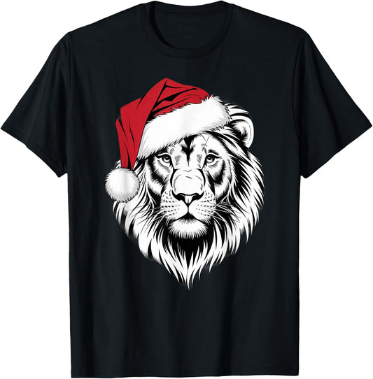 Joyful Lion Santa on Lion Christmas T-Shirt - T-Shirt | Black