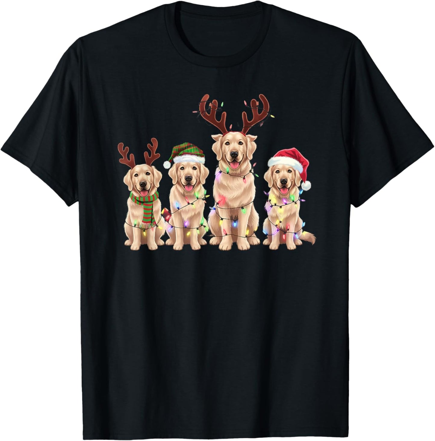 Threadrock -Adults Golden Retrievers Christmas Lights Reindeer Antlers Holiday - Black, Small, Short Sleeve T-Shirt - T-Shirt | Black