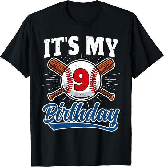 9 Years Old Kids Baseball Player 9th Birthday Party Boys T-Shirt - T-Shirt | Black