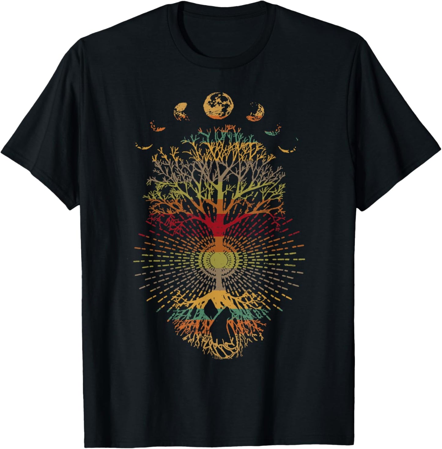 Phases of the Moon Retro 60's 70's Vibe Tree of Life T-Shirt - T-Shirt | Black