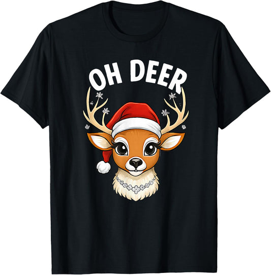 Funny Oh Deer Reindeer Cute Christmas Pun Winter Holiday T-Shirt - T-Shirt | Black