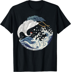 Japanese Vintage Art The Great Wave Sea Crane Bird T-Shirt - T-Shirt | Black