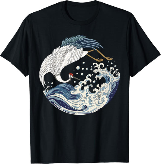 Japanese Vintage Art The Great Wave Sea Crane Bird T-Shirt - T-Shirt | Black